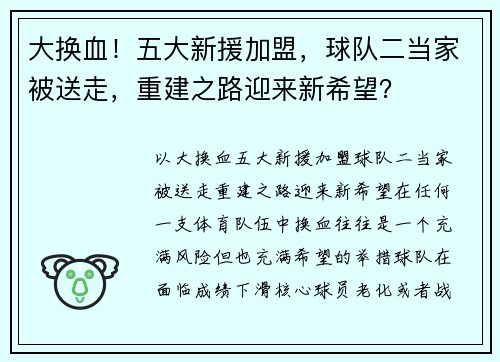 大换血！五大新援加盟，球队二当家被送走，重建之路迎来新希望？