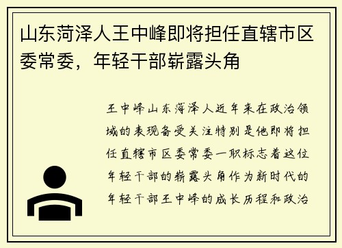 山东菏泽人王中峰即将担任直辖市区委常委，年轻干部崭露头角