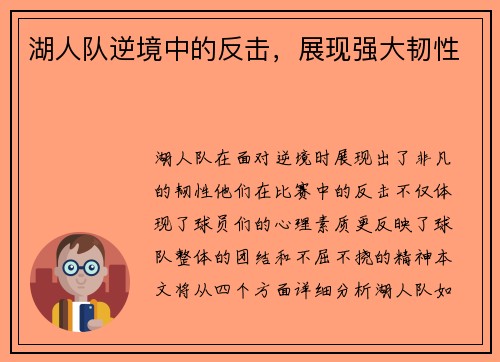 湖人队逆境中的反击，展现强大韧性
