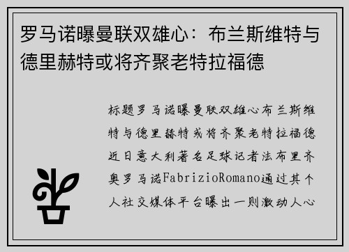 罗马诺曝曼联双雄心：布兰斯维特与德里赫特或将齐聚老特拉福德