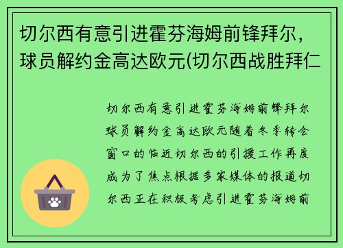 切尔西有意引进霍芬海姆前锋拜尔，球员解约金高达欧元(切尔西战胜拜仁夺冠)