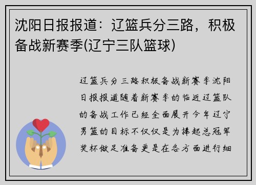 沈阳日报报道：辽篮兵分三路，积极备战新赛季(辽宁三队篮球)